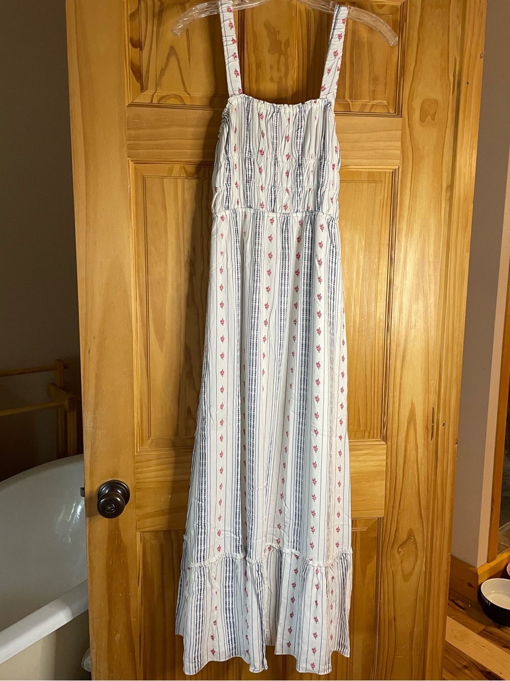 Women’s White Striped Maxi Dress with Pink Accents